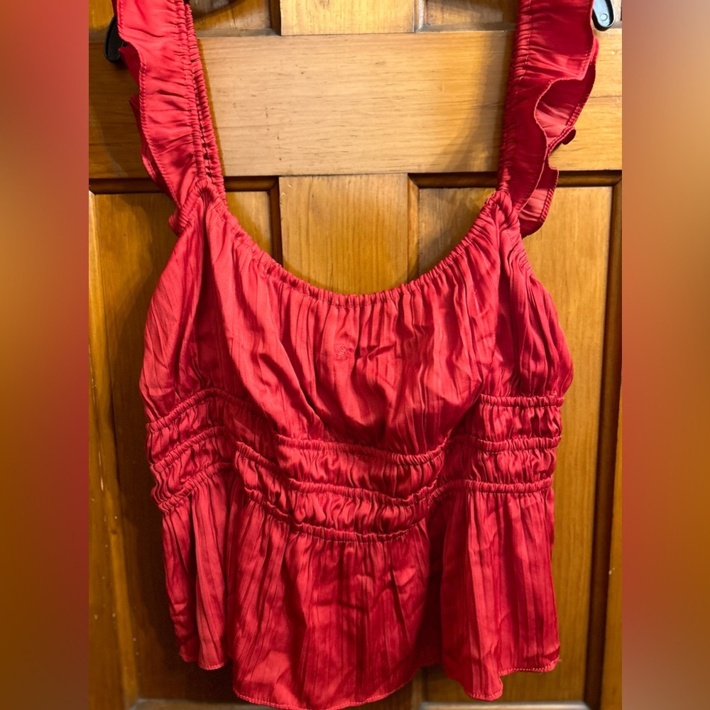 Red Anthropologie Blouse—Ruched, Smocked, Sleeveless with Ruffled Straps… - Picture 3 of 9